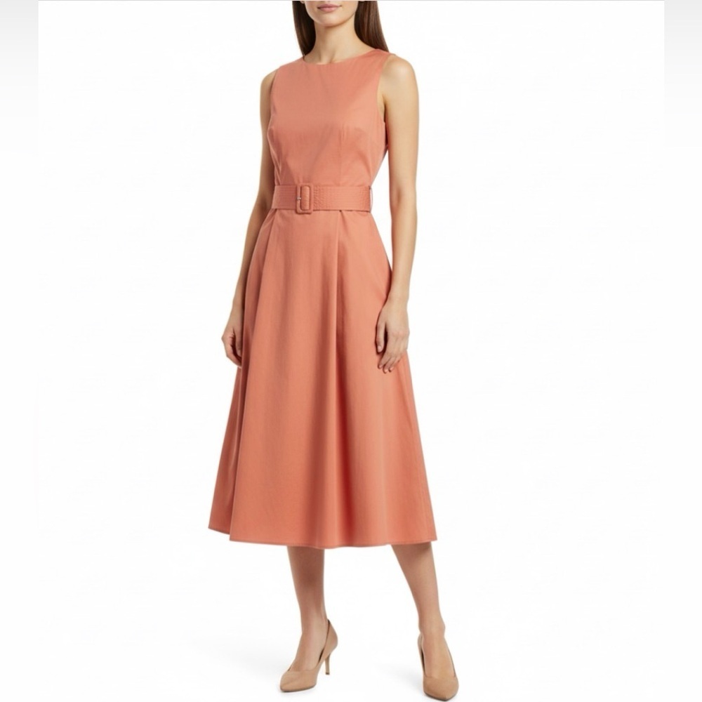 Ann Taylor Coral Cotton Sleeveless Midi Dress with Belt